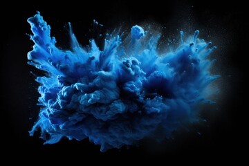 Explosion of blue colored powder on black background