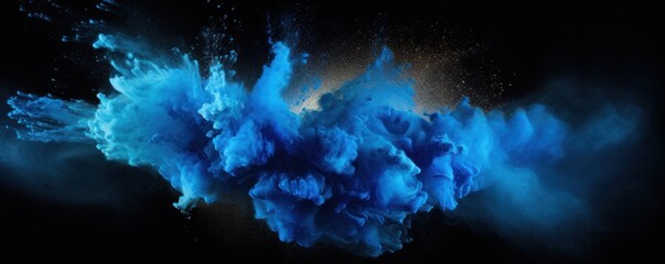 Explosion of blue colored powder on black background - obrazy, fototapety, plakaty