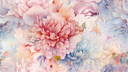  a close up of a bunch of flowers on a white and blue background with pink, yellow, and blue flowers.
