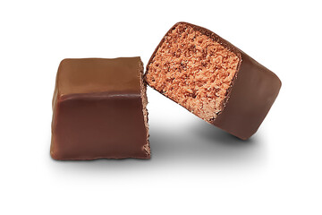 Side view of chocolate broken in half, isolated on transparent background.