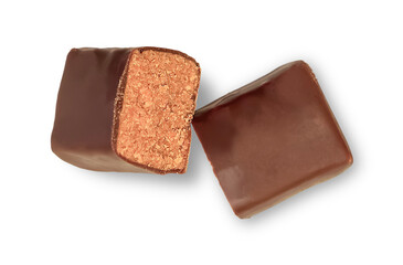 Chocolate broken in half, top view isolated on transparent background.