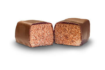 Side view of chocolate broken in half, isolated on transparent background.