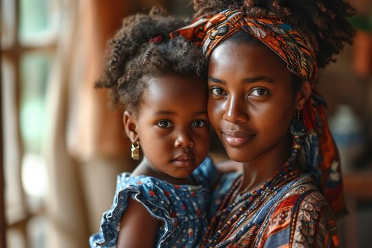  happy pretty young African woman mom, holding her cute little daughter