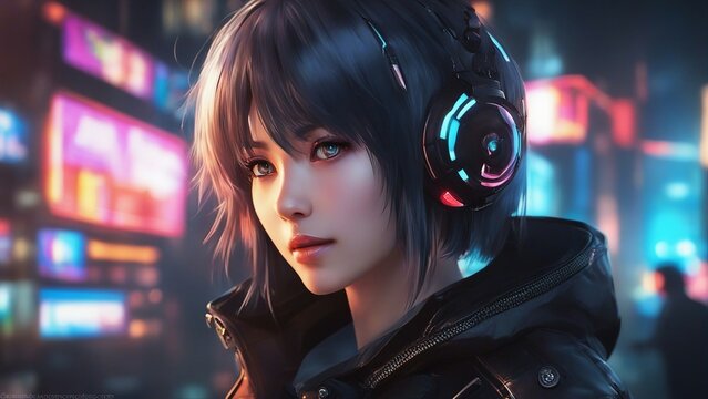 portrait of a woman in the city 16 She is an anime character who is a photo cyber girl, who takes pictures of the night life in the cyberpunk city, where she captures the contrast 