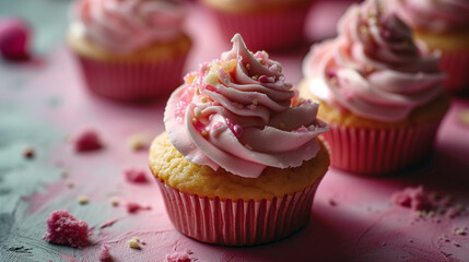 Top view of cupcakes with pink buttercream frosting on pink background with copy space - obrazy, fototapety, plakaty