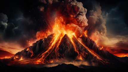 Volcano erupting with fire and burning lava, spewing out dark black smoke