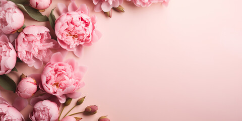 Pink background with peonies and space for text on international women's day