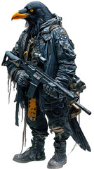 anthropomorphic raven crow with hoodie futuristic and rifle