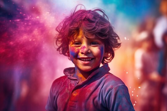 Exuberant Young Boy with Vivid Holi Colors on His Face