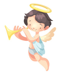 Funny little angel plays the trumpet. Vector Illustration