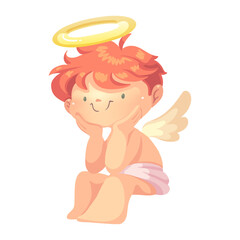 Angel little boy sits with his head in his hands. Vector Illustration