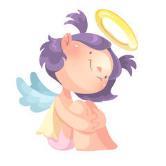 Cute angel character sitting on a cloud, hugging her knees. Vector Illustration