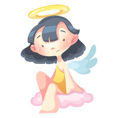 Cute angel character sitting on cloud. Vector Illustration