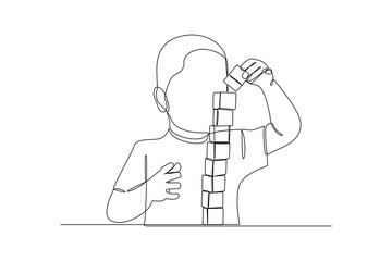 Young boy make tower building by lego toys. Children game concept. Vector continuous line. © Vectorillustrator
