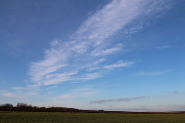 A field with blue sky and clouds