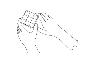 hand pict is playing rubik toy. Children game concept. Vector continuous line.
