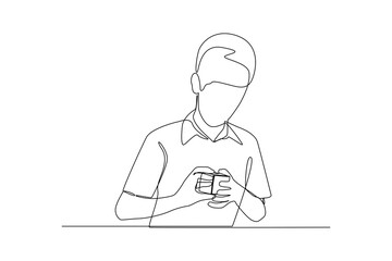 Young man finish rubik chalange from his brother. Children game concept. Vector continuous line.