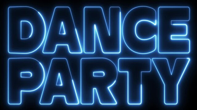 Dance Party text font with neon light. Luminous and shimmering haze inside the letters of the text Dance Party. Dance Party Neon Sign.