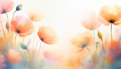 Peach Fuzz coloured poppy flowers on white backdrop, garden concept with copy space; soft focus, romantic mood - obrazy, fototapety, plakaty