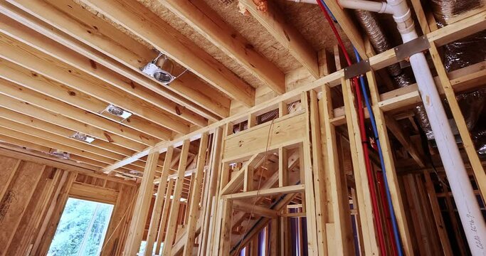 Hvac hood installation, electrical wiring, ceiling light setup, insulation placement for new house before installing plasterboard