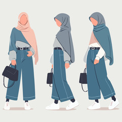 Illustration set of stylish muslim female. beautiful muslim girl hijab vector illustration
