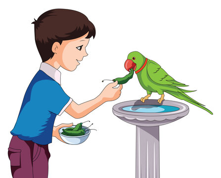 Cute boy feeding green chillies to parrot sitting on a fountain