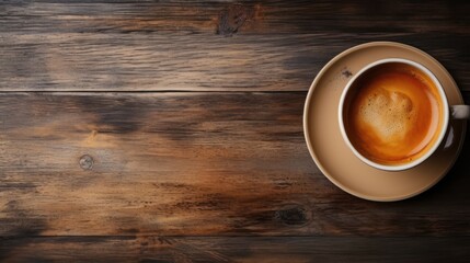 A cup of coffee on wooden tray with copy space.  - obrazy, fototapety, plakaty