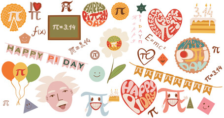 Happy pi day set mathematics lettering and characters, decoration 14 March vector illustration 