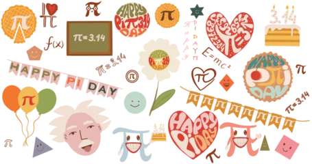 Foto auf Leinwand Happy pi day set mathematics lettering and characters, decoration 14 March vector illustration  © Anada77
