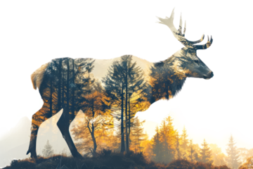 Double-exposure deer silhouette with forest landscape, ideal for creative designs, PNG with transparent background.