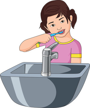 recommend clip art: Cute girl brushing her teeth with a toothbrush in front of wash basin