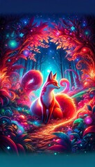 Bright Fantasy Red Fox Animal Portrait in Neon Light Magic Forest Scene Bright Vivid Colorful Digital Generated Illustration