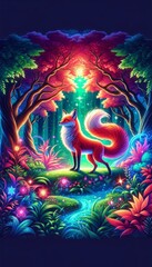 Fototapeta na wymiar Bright Fantasy Red Fox Animal Portrait in Neon Light Magic Forest Scene Bright Vivid Colorful Digital Generated Illustration
