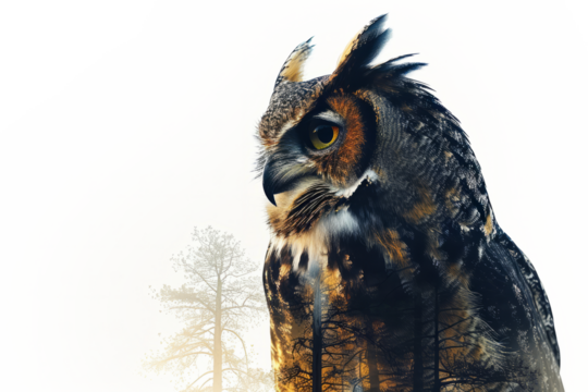 Majestic owl with a forest silhouette in its feathers, on a transparent PNG background, perfect for versatile design use.