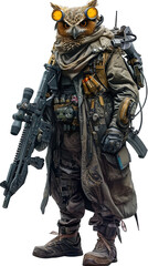 anthropomorphic owl with hoodie futuristic and rifle