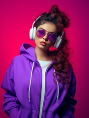 Stylish woman in purple hoodie and headphones with cool shades on vibrant background. Great for fashion and music themes.
