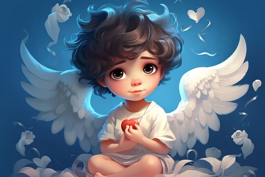 Cupid with wings on a blue background. Valentine's Day