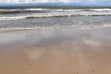Blue sky and white clouds reflected in wet beach sand - obrazy, fototapety, plakaty