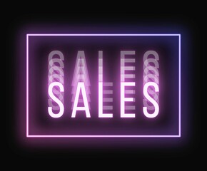 Sales neon web banner purple and pink glowing text on black background	