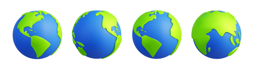 3d planet in different angles. Green continents and blue oceans. Earth planet world. Travel globe. Australia, Europe, Asia and America, worldwide icons. Geography isolated element. Vector bubble signs