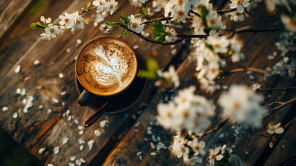 coffee cup with latte art and spring blossom. minimalist background with copy space and selective...