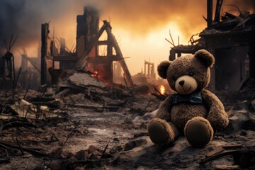 Alone in ruins: A teddy bear on the debris, a poignant reminder of the solitary aftermath of war, bomb, or earthquake devastation - obrazy, fototapety, plakaty