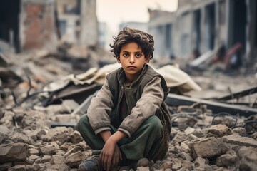 Fototapeta na wymiar A boy, resilient in the face of destruction, embody the stark reality of life after a bombing incident.