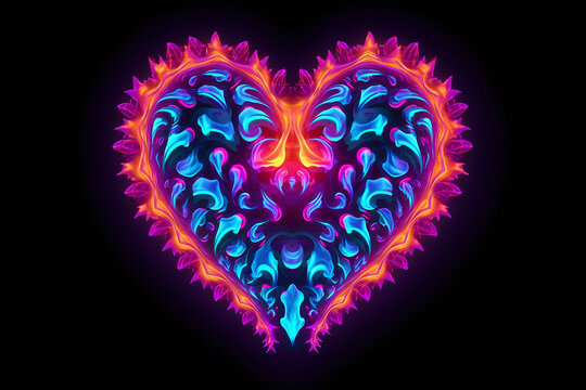 Neon heart with blue and pink neon lights on dark background