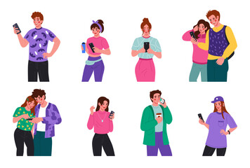 People hold phones. Women and men using smartphones, smart cell, video call and chat, taking selfie and watching photo, character play mobile games, young happy characters app vector flat tidy cartoon