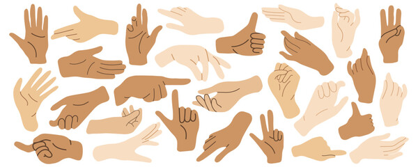 Set of hands in doodle style isolated human hands. Man's hand. Woman's hand. Vector different hand positions - obrazy, fototapety, plakaty