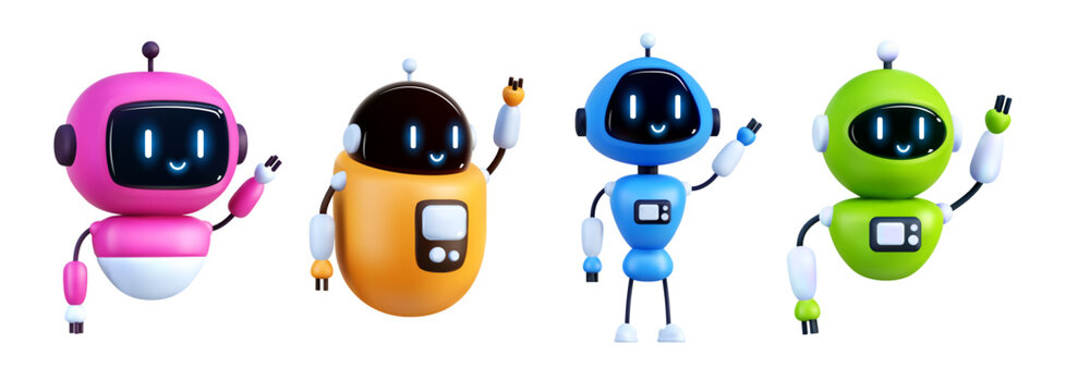 Robot character 3d render isolated elements. AI face, bot hand artificial, chatbot GPT, chat human intelligence, mascot, space support tech icon, customer tech service. Vector app happy cyborgs set