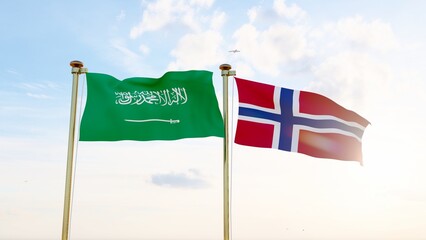 Norway and Saudi Arabia flags waving against a blue sky. 4K ULTRA HD. 