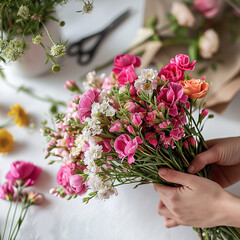 Boho Blooms: Close-Up Top View of Florist's Hands Making a Modern Pink and White Floral Arrangement, Natural Vibes.