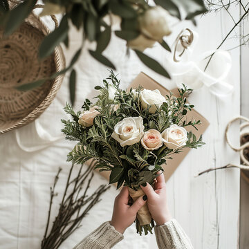 Close-Up of Florist's Hands Creating a Stunning Floral Arrangement, Bouquet with Wildflowers and White Roses, Wedding Vibes